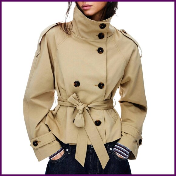 Cropped Trench Coat Double Breasted Belted Jacket Women's Fall Winter